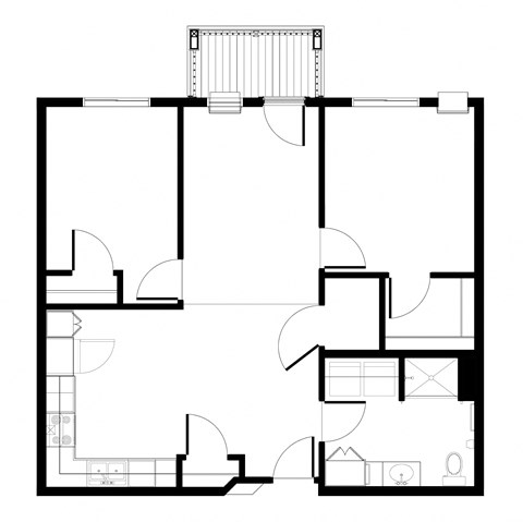 Floor plan for 2 beds, 1 bath, 886 sqft